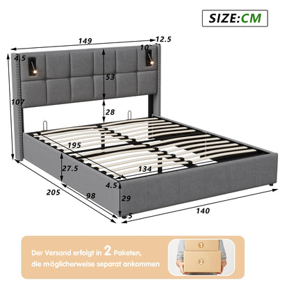 ROSAHQNDA Modernes Polsterbett, hydraulisches Doppelbett mit Leseleuchten, 140/160x200cm, Samtbett mit Stauraum, ohne Matratze