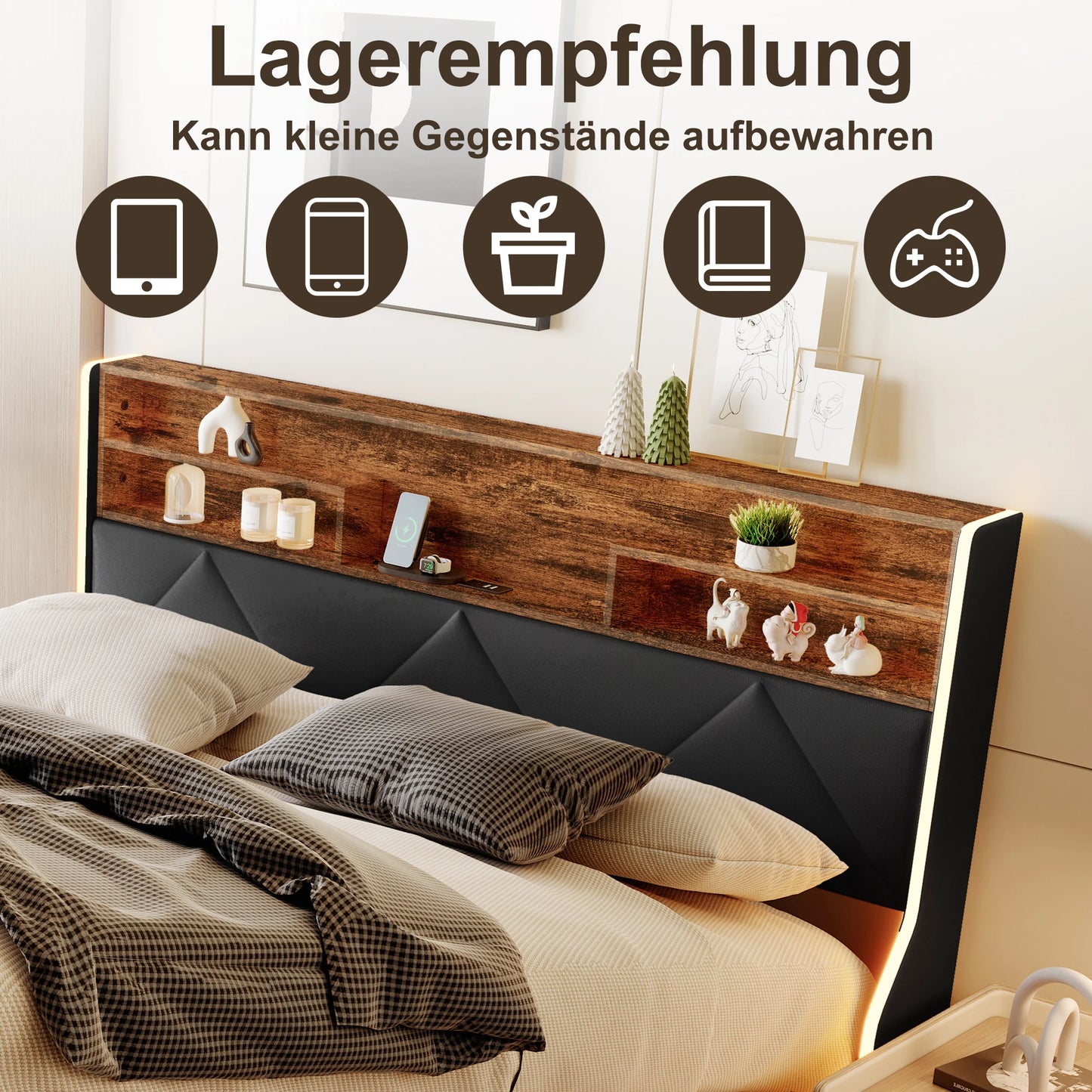 Doppelbett hydraulisches LED-Bett, Kofferraumbett 140/160 x 200cm, Polsterbett Mit Stauraum Polsterbett mit LED und USB, Jugendbett LED-Bettgestell für 2 Personen, Pu-Stoff