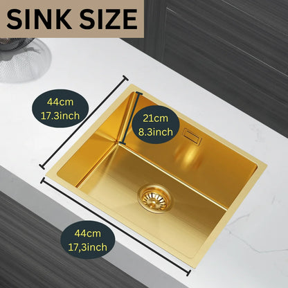 Flovia Gold PVD-Edelstahlspüle 44 x 44 cm – Einzelschüssel oben/Untermontage – mit Abflusssatz und Zubehör