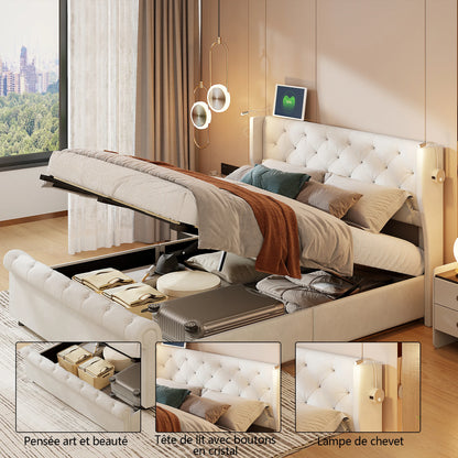 Doppelbett 140 x 190 cm mit LED-Beleuchtung und USB-Ladeanschluss, gepolsterte Doppelbettbetten mit Stauraum und Lattenrost, Samt, Beige