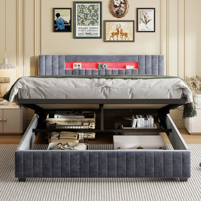 Rosahqnda 140x200 Bett mit Stauraum und Untergestell, gepolstertes Bett mit Stauraum, Doppelbett mit LED, Bettgestell aus Samt, mit Lattenrost, Grau