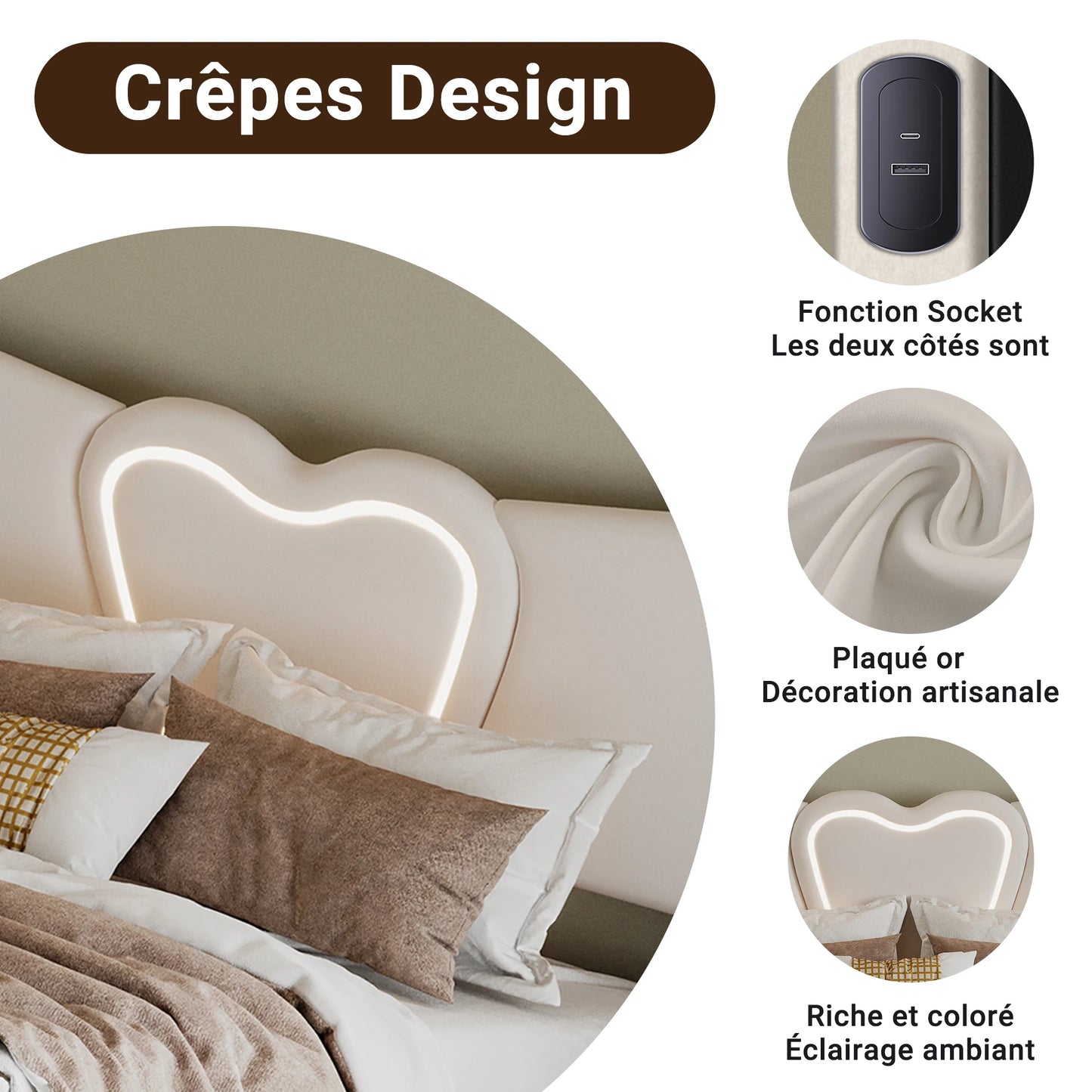 Doppelbett 140x200, LED Stauraumbett mit Lattenrost, Hydraulisch Polsterbett aus Kopfteil Höhenverstellbar, Herzform Kopfteil