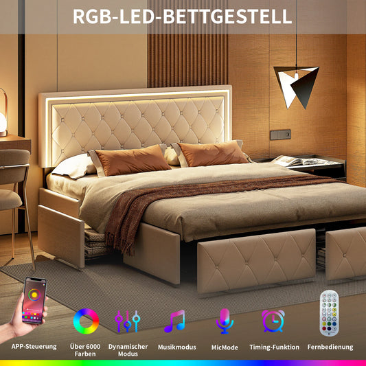 WoodenAura Polsterbett 160x200 cm mit LED-Beleuchtung, Doppelbett mit 4 Schubladen, Bett rahmen mit Lattenrost, keine Matratze