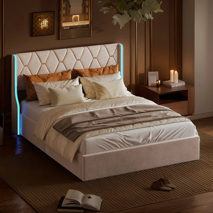 Polsterbett Doppelbett 140x200 cm, Bett mit Stauraum und Lattenrost, Bett mit LED, Stauraumbett mit Bettkasten und Kopfteil