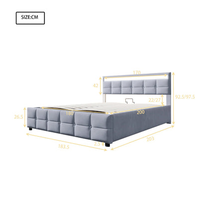 Anajqaqia Polsterbett 180 x 200 cm, hydraulisches Bett mit großem Stauraum, Doppelbettrahmen mit Lattenrost, Samt, Grau