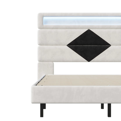 Rosahqnda Double Bed 140x190cm,Upholstered Bed with LED lighting and USB Charging Port,Youth Bed Ajudtable Headboard,WhiteVelvet