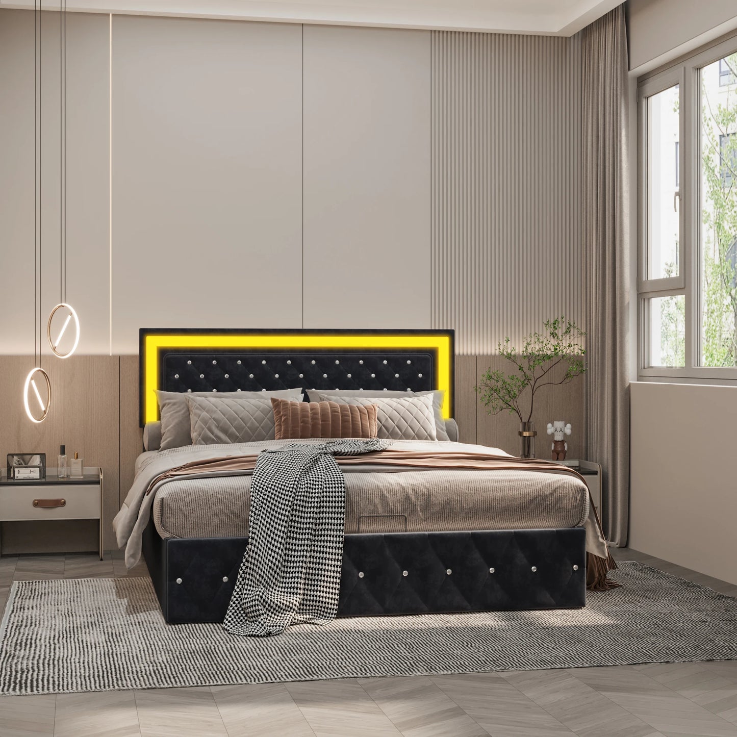 Rosahqnda gepolstertes Doppelbett 140 x 200 cm mit LED-Beleuchtung, hydraulischem Stauraumbett und Lattenrost, Funktionsbetten, Samt