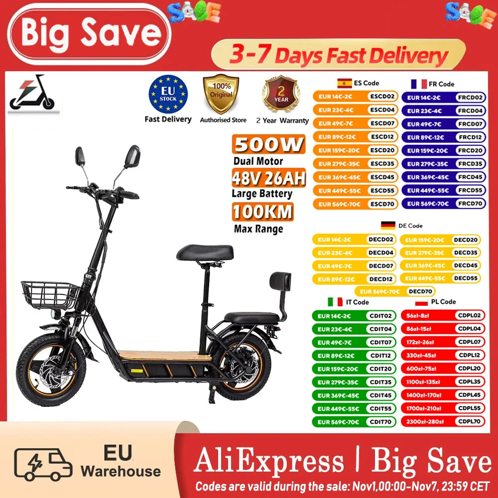 KuKirin C1 Pro Adult Electric Scooter With Seat 14" Tire 500W Motor 48V 26Ah Battery 45km Max Speed Electric Motorcycle.