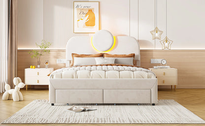 Rosahqnda Doppelbettgestell 140 x 200 cm mit LED und 2 Schubladen, gepolstertes Einzelbett, Stauraumbett, Teenagerbett, Gästebett, Samtbeige