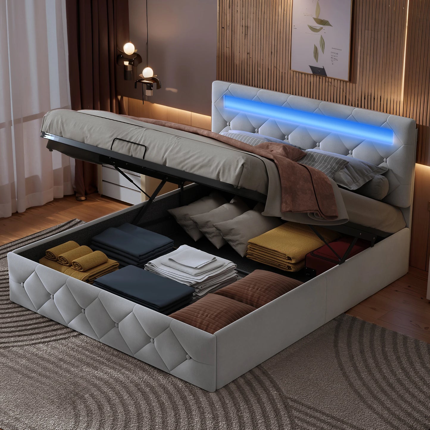 Rosahqnda Modernes weißes Polsterbett,hydraulisches Bett mit großem Stauraum, elegantes Doppelbett,Samtstoff, ohne Matratze