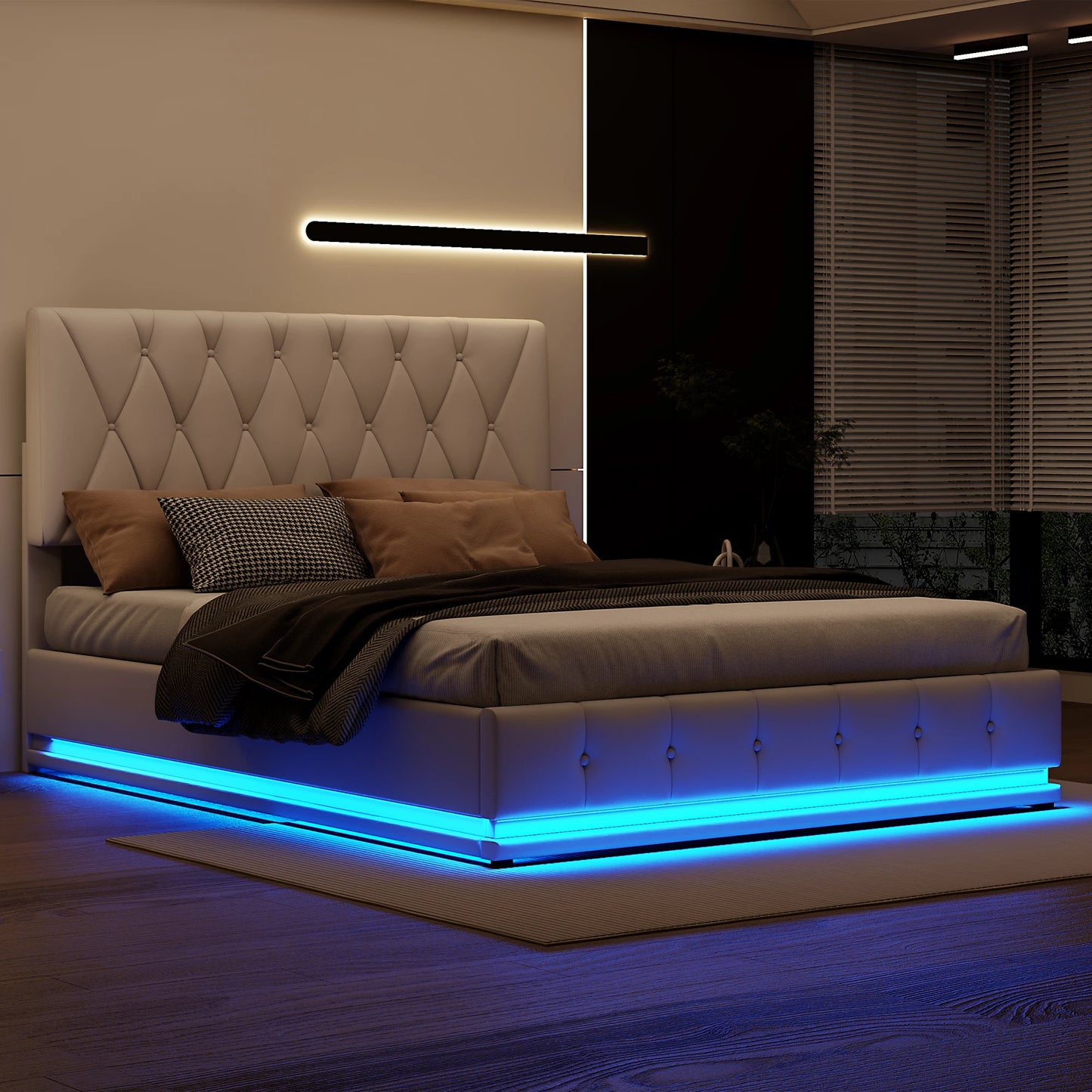 Rosahqnda Polsterbett, doppelbett, Bettgestell, 140 x 200 cm Doppelbett, Stauraumbett, Kunstleder, Weiß, ohne Matratze