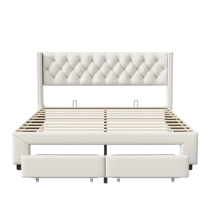 Rosahqnda Modernes Doppelbettgestell, 140 x 190 cm, Bett mit Stauraum, 160–180 x 200 cm, mit LED, USB und 2 Schubladen, Teenagerbett, Gästebett, Samtbeige