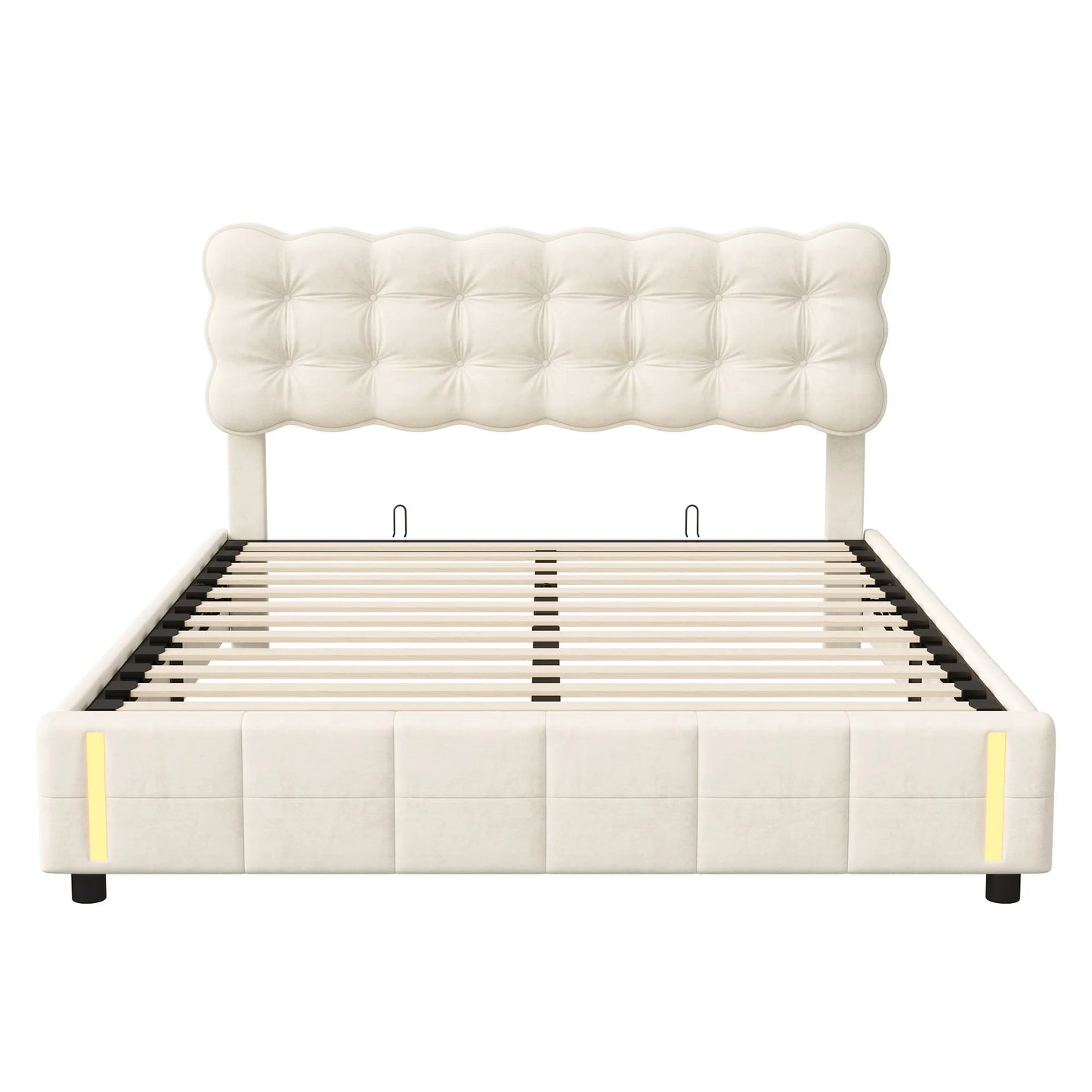 Doppelbett 140x200 cm mit LED-Beleuchtung und Stauraum, Luftdruckbett, Lattenrost, Samt, beige, ohne Matratze