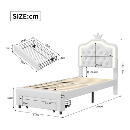 90x200cm Polster bett, Einzel bett mit Lattenrost und Rückenlehne, mit LED und großem Stauraum, PU, White, ohne Matratze