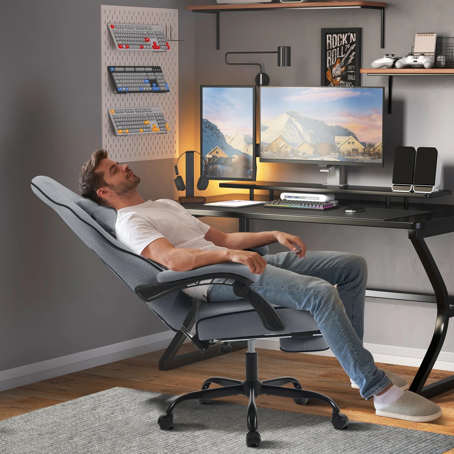 WOLTU Drehbarer Gamer-Stuhl, Gaming-Stuhl, ergonomischer Büro-Computerstuhl mit Lendenkissen, Fußstütze