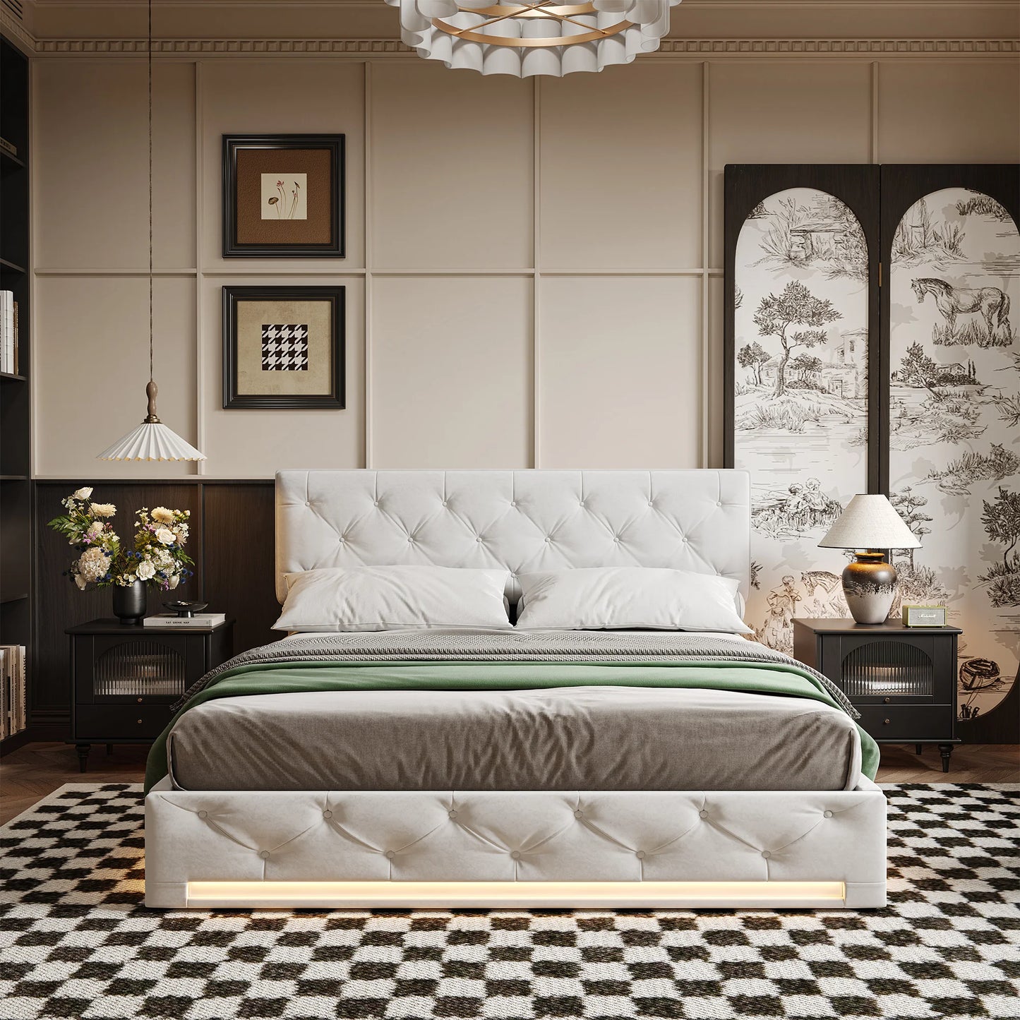 Rosahqnda upholstered bed, double size, with LED lights, storage bed with hydraulic lift box, adjustable headboard height, linen