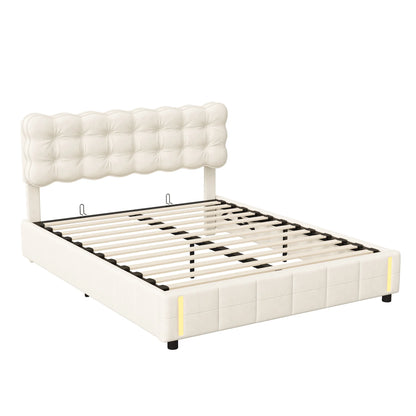 Doppelbett 140x200 cm mit LED-Beleuchtung und Stauraum, Luftdruckbett, Lattenrost, Samt, beige, ohne Matratze