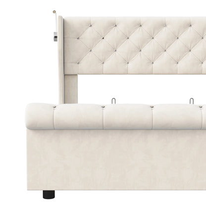 Doppelbett 140 x 190 cm mit LED-Beleuchtung und USB-Ladeanschluss, gepolsterte Doppelbettbetten mit Stauraum und Lattenrost, Samt, Beige