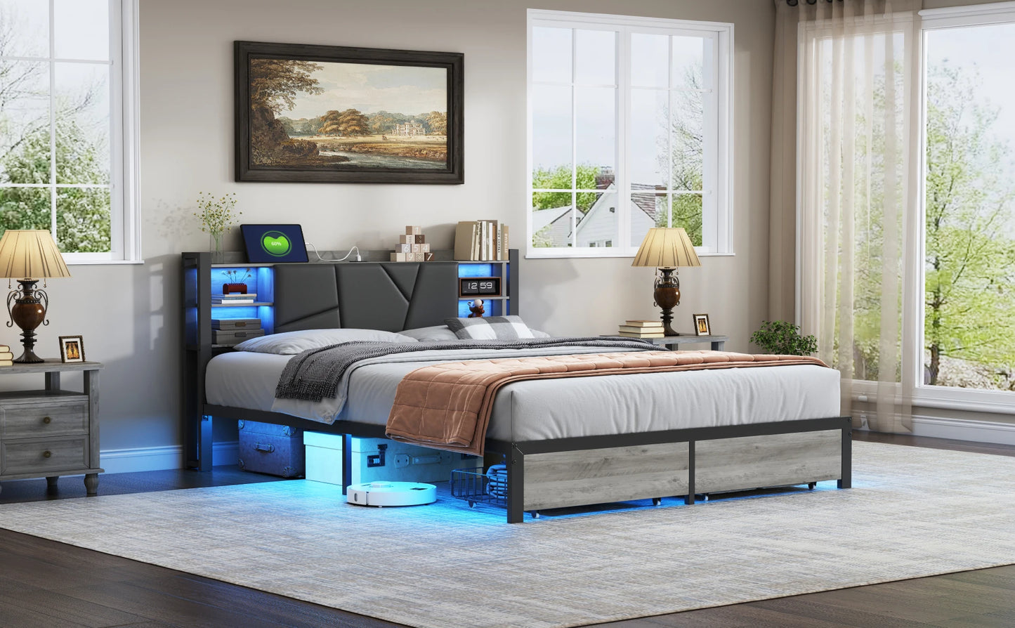 Rosahqnda gepolsterter Doppelbettrahmen 140–160–180 x 200 cm mit 2 Schubladen, Aufbewahrungs-Jugendbett, Gästebett, Apartmentbett, Eisenbett, PU