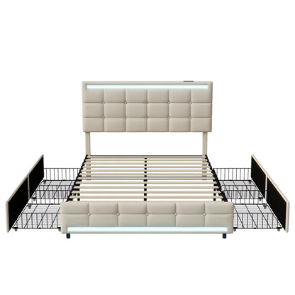 Rosahqnda Gepolstertes Doppelbett 140-160 x 200 cm mit 4 Schubladen und LED, Stauraumbett, Gästebett, Apartmentbett, Leinen