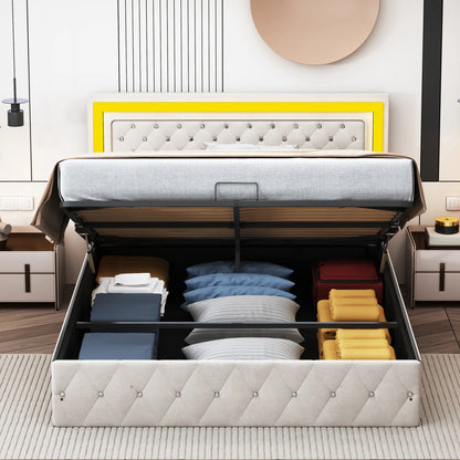 Rosahqnda gepolstertes Doppelbett 140 x 200 cm mit LED-Beleuchtung, hydraulischem Stauraumbett und Lattenrost, Funktionsbetten, Samt