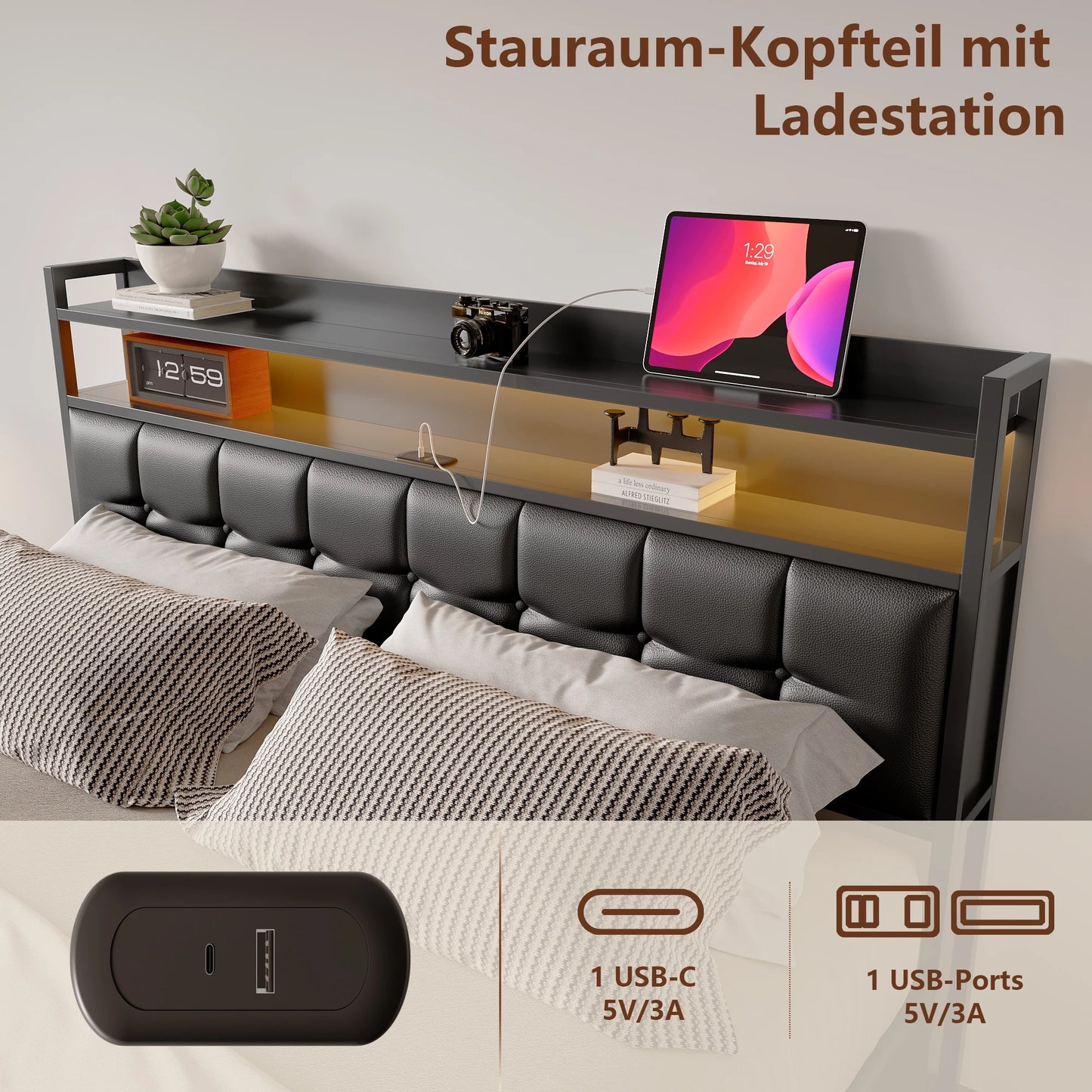 Rosahqnda Polsterbett 140 x 190 cm Doppelbett mit LED und USB, gepolsterter Bettrahmen mit Kopfteil und Lattenrost, Höhe 32 cm