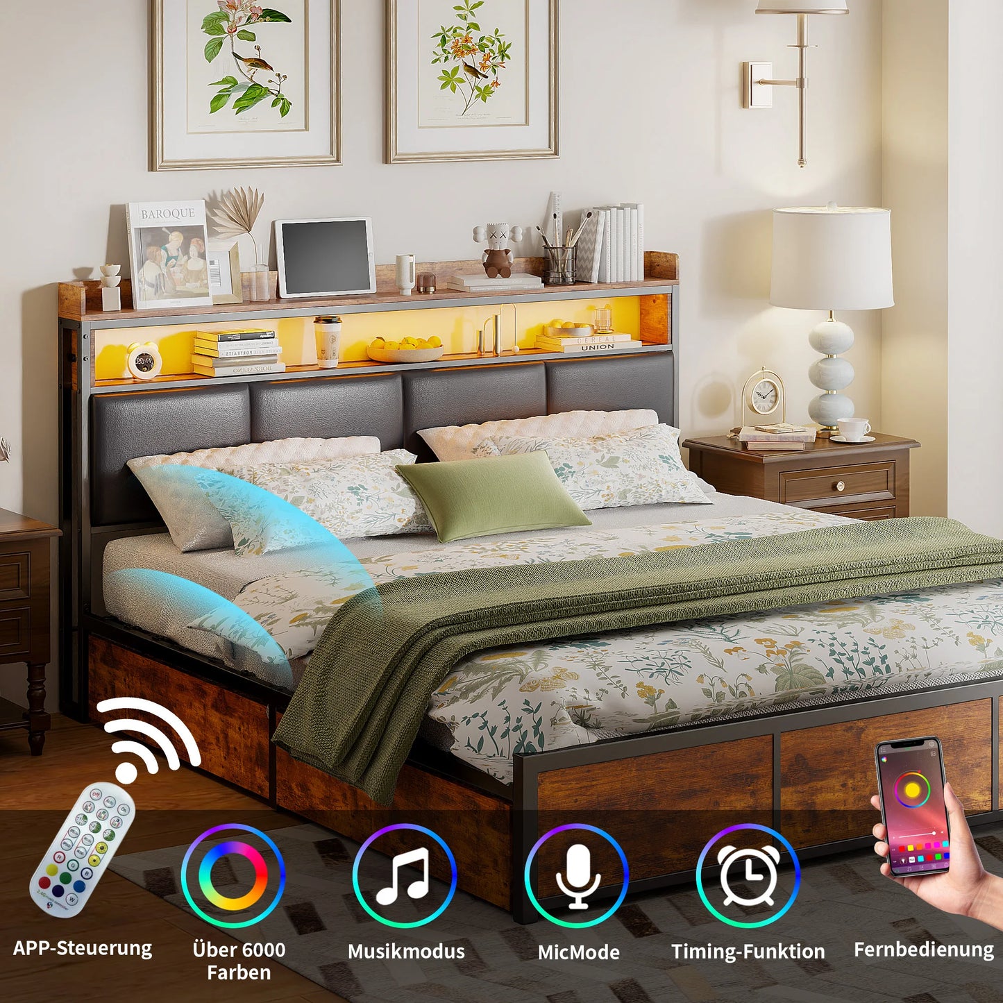 Comanlai Polsterbett, 180 x 200 cm, Eisenrahmen, Doppelbett mit LED-Leuchten und 4 Schubladen, gepolstertes Bett mit Lattenrost