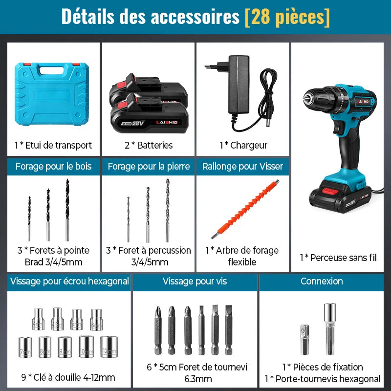 21-V-Akku-Bohrschrauber-Set, 2 Geschwindigkeiten, 1350 U/min, 24-teiliges Set, 2 Akku-Elektroschrauber mit 32 Drehmomenteinstellungen für Heimwerker