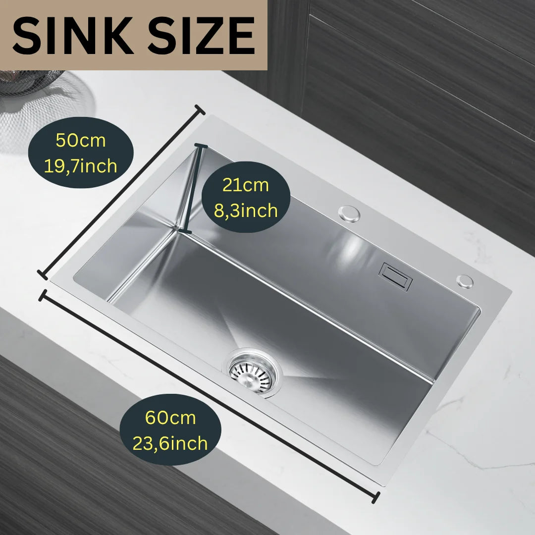 Silberne Edelstahlspüle aus Edelstahl von Inox, 60 x 50 cm – Einzelschüssel mit Wasserhahnloch und Abflussrohr, X-förmiger schneller Abfluss für moderne Küchen