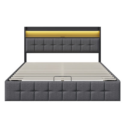 Rosahqnda Multifunctional Double Bed,Rechargeable,LED and Hydraulic Storage,Teen Bed,140/160 x 200 cm,Linen/PU,Grey,Black.