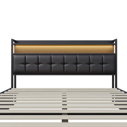 Rosahqnda Multifunctional Double Bed,Rechargeable,LED and Hydraulic Storage,Teen Bed,140/160 x 200 cm,Linen/PU,Grey,Black.