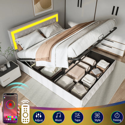 Rosahqnda gepolstertes Doppelbett 140 x 200 cm mit LED-Beleuchtung, hydraulischem Stauraumbett und Lattenrost, Funktionsbetten, Samt