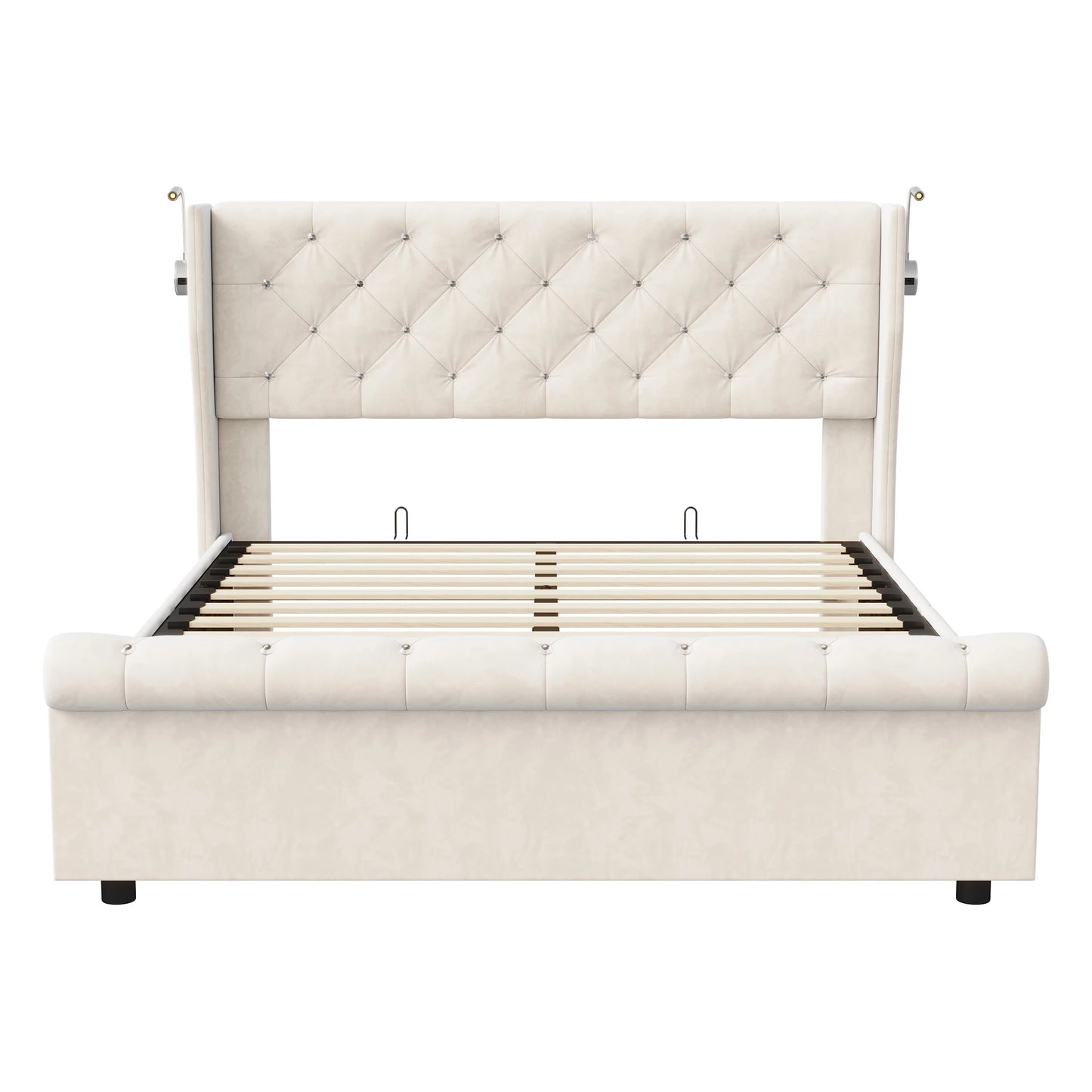 Doppelbett 140 x 190 cm mit LED-Beleuchtung und USB-Ladeanschluss, gepolsterte Doppelbettbetten mit Stauraum und Lattenrost, Samt, Beige