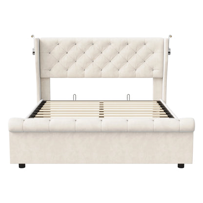 Doppelbett 140 x 190 cm mit LED-Beleuchtung und USB-Ladeanschluss, gepolsterte Doppelbettbetten mit Stauraum und Lattenrost, Samt, Beige