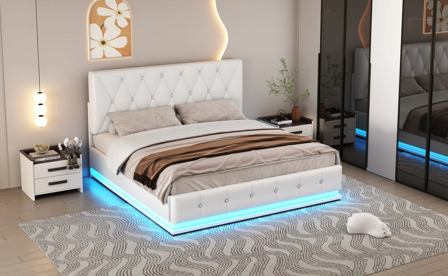 Rosahqnda Gepolstertes hydraulisches Bett 140 * 200 cm mit LED-verstellbarem Kopfteil, moderner Doppelbettrahmen mit Stauraum,PU