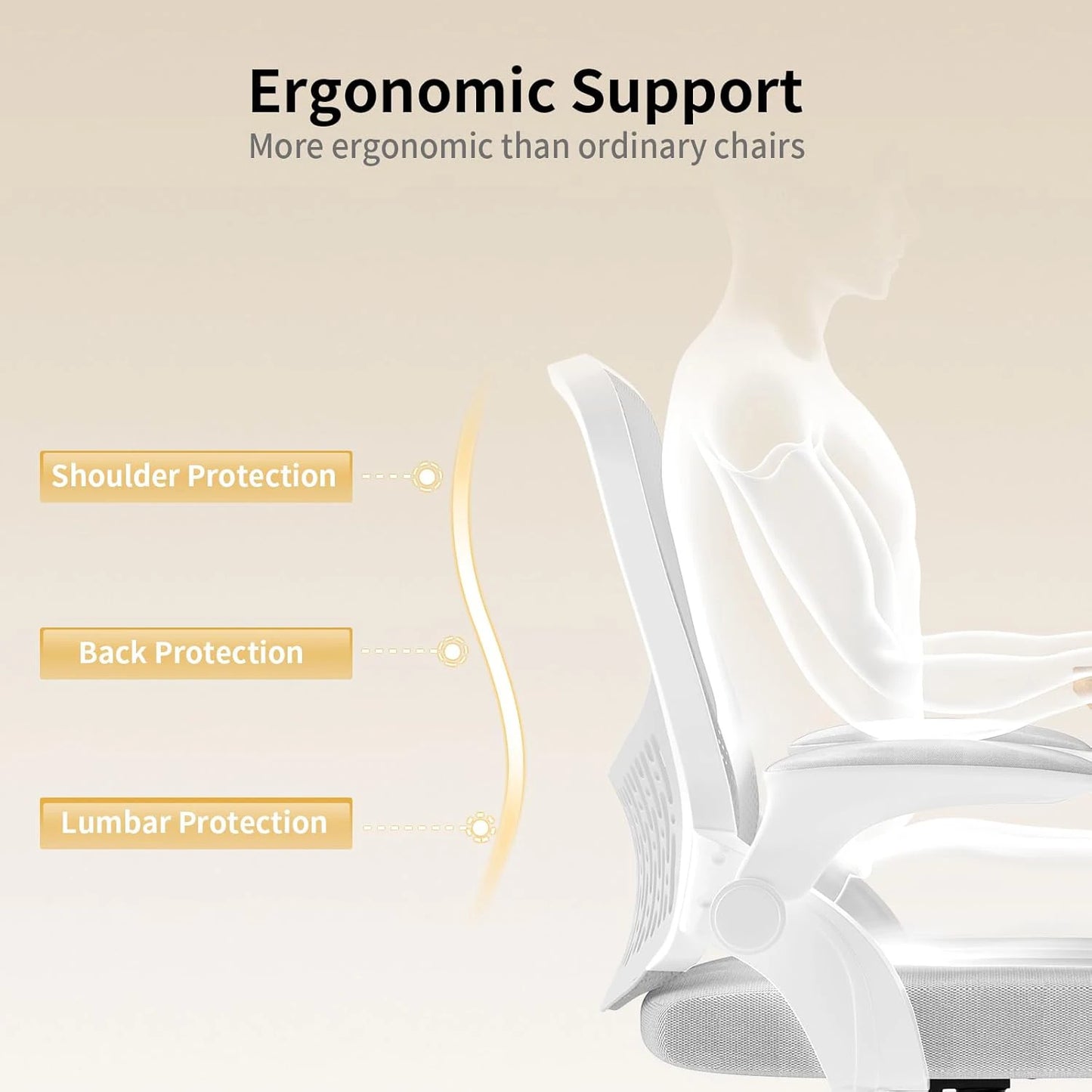 Ergonomic Office Chair Desk Chair with 90° Folding Armrests Lumbar Support Breathable Mesh Padding for Home Office