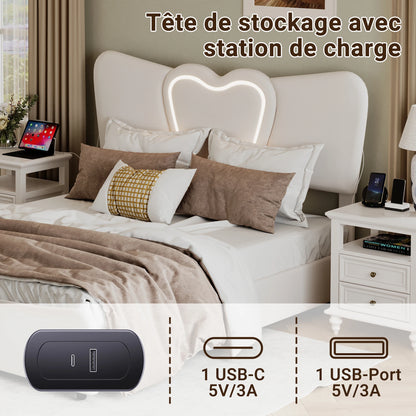 Doppelbett 140x200, LED Stauraumbett mit Lattenrost, Hydraulisch Polsterbett aus Kopfteil Höhenverstellbar, Herzform Kopfteil