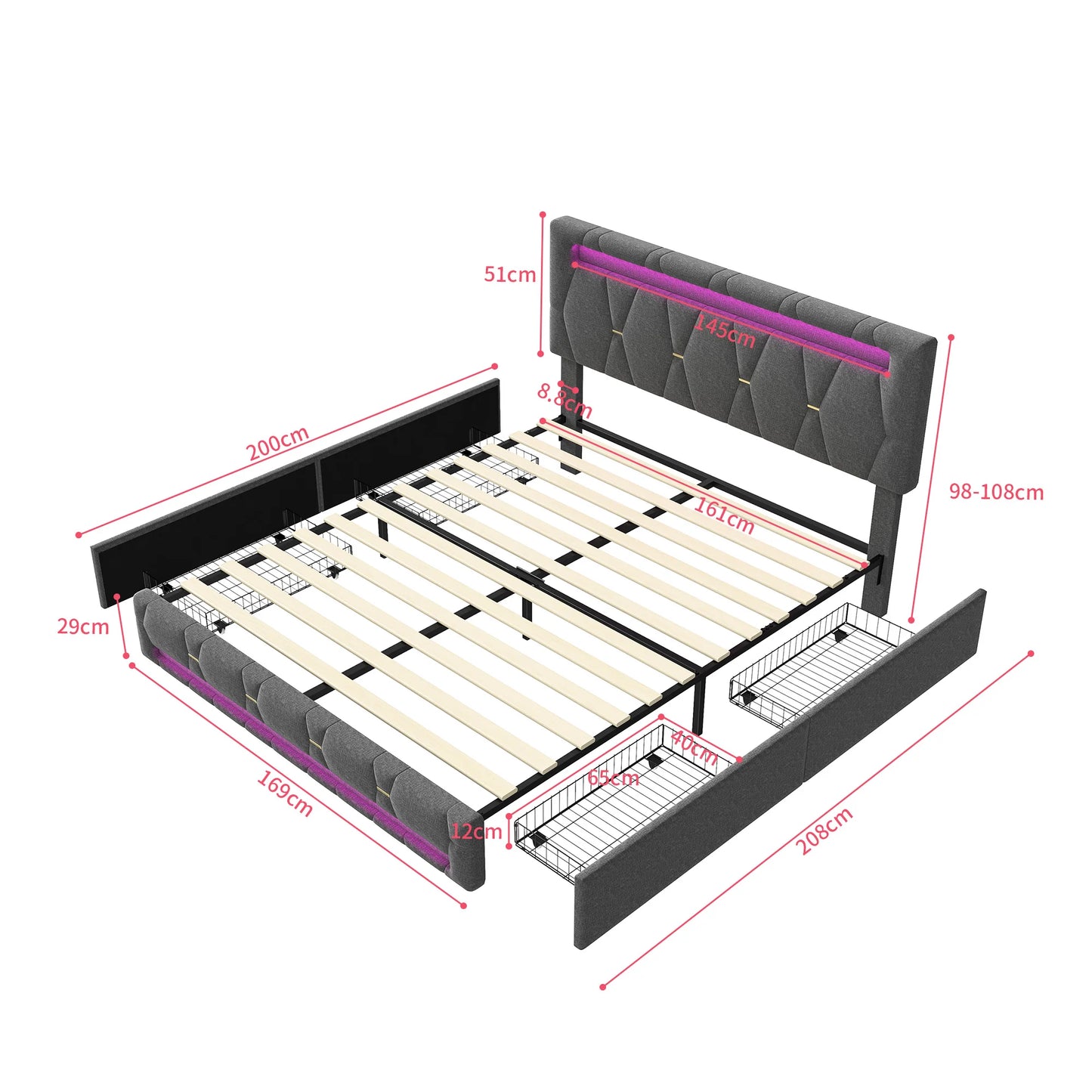 Rosahqnda Polsterbett 140 x 200 cm, Doppelbett mit LED-Beleuchtung, 4 Schubladen und Lattenrost, USB-Ladefunktion, hydraulisches Bett