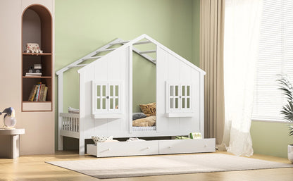 Roshanda Kinderbett, 90 x 200 cm, Hausbett, Einzelbett, mit Tafel/Bücherregal/Schublade, Kiefer, Weiß