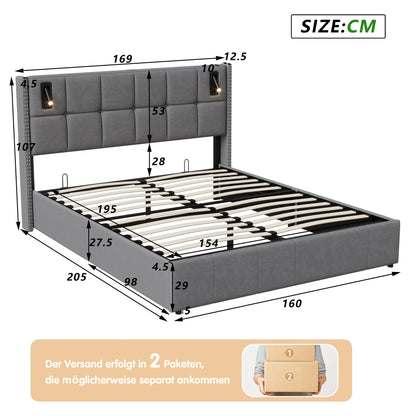 Rosahqnda Polsterbett 160x200 cm mit Stauraum,Kopfteil mit LED-Leselicht,Kupfernieten Modernes Bettgestell,Grauer Samtstoff