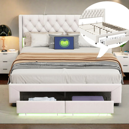 WoodenAura Polsterbett, beiger Samt, Kopfende mit 2 Schubladen, genietetes Kopfteil, Kommode, Stauraumbett mit LED-Beleuchtung