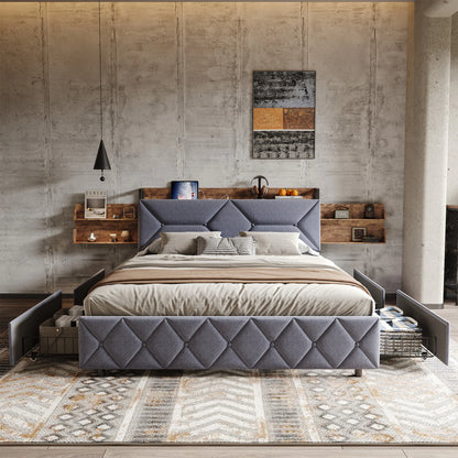 Bett 140 x 200 mit USB, Doppelbett mit 4 Schubladen, Kopfteil mit ausziehbarem Stauraum, Erwachsenenbett mit Lattenrost