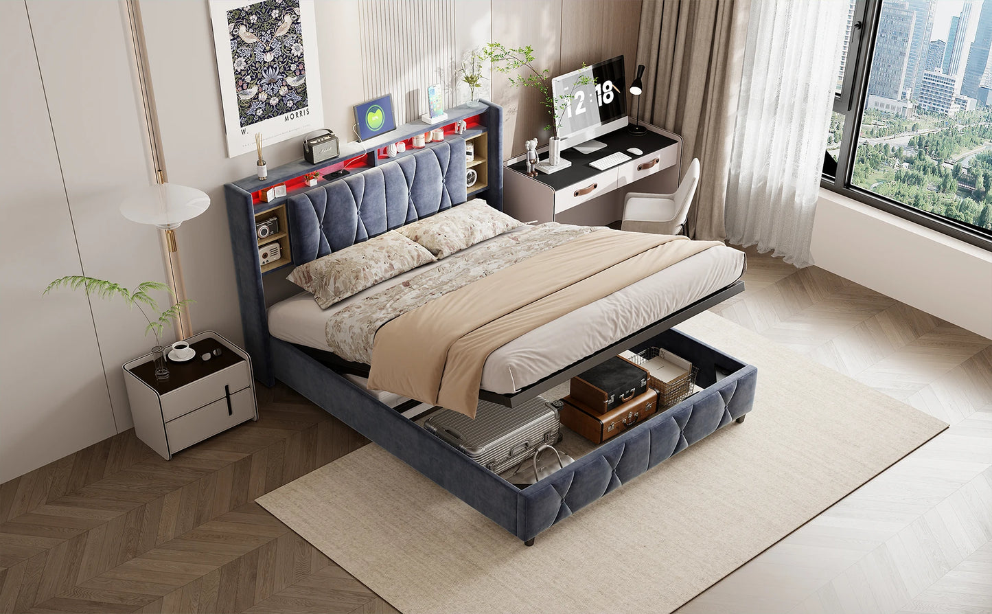 Rosahqnda Doppelbett， mit USB und LED, Polsterbett mit Stauraum und Kopfteil, Bettrahmen mit Holzlattenrost, Samt，grau