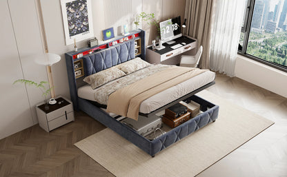 Rosahqnda Doppelbett， mit USB und LED, Polsterbett mit Stauraum und Kopfteil, Bettrahmen mit Holzlattenrost, Samt，grau