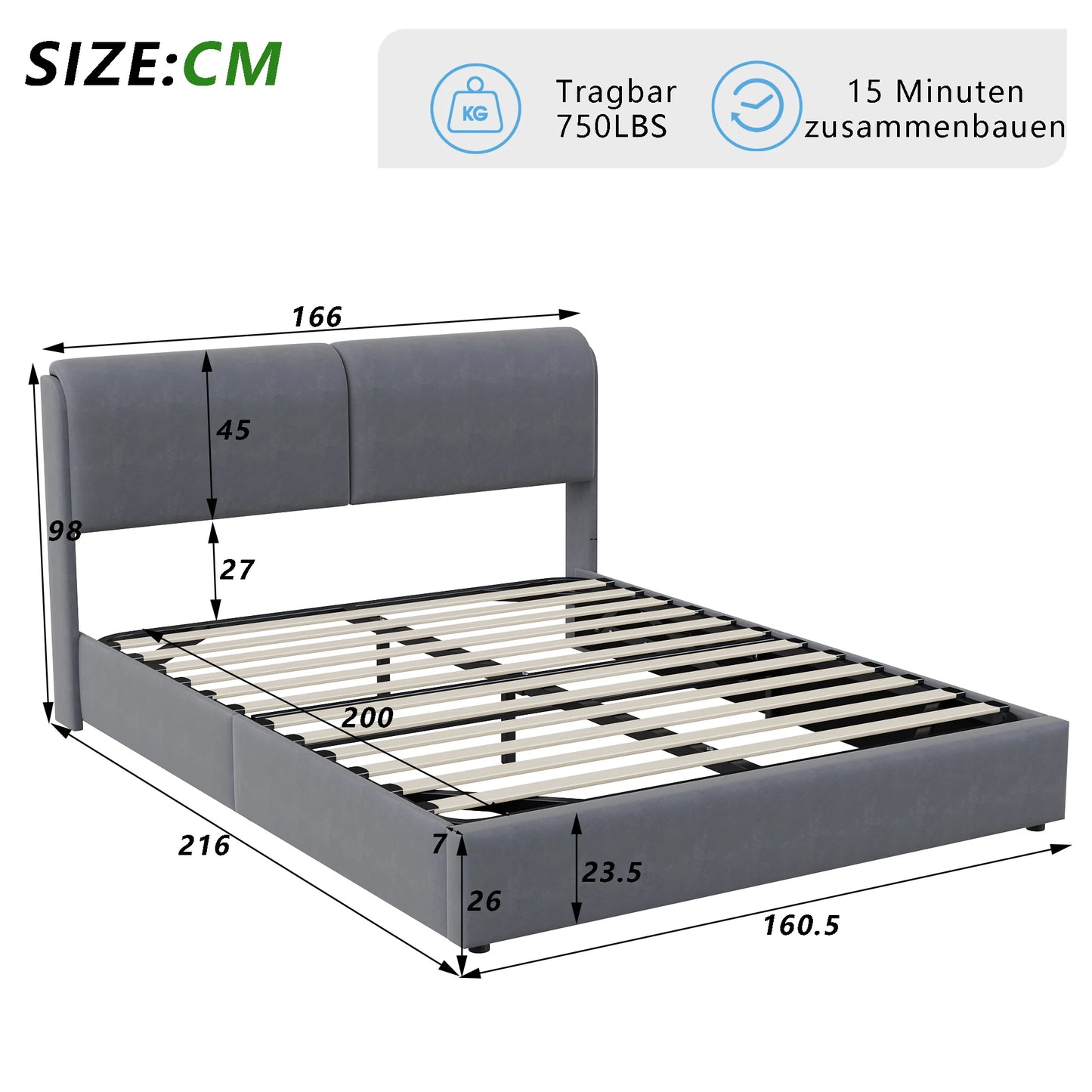 Comanlai Polsterbett, 160 x 200 cm, mit Lattenrost und Stauraum, hydraulisches LED-Bett mit Stauraum, ohne Matratze, Samt, Grau