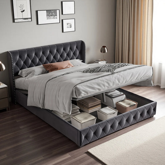 RosahqndaPolsterbett mit Lattenrost und Kopfteil, Boxspringbett mit großem Stauraum, für Erwachsene & Jugendliche, ohne Matratze