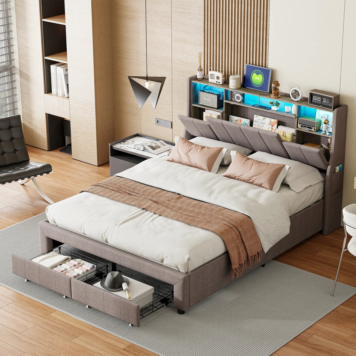 Upholstered Bed 160 x 200 cm, Bed Frame with LED Lights, USB Ports and Storage Headboard, Double Bed, Guest Bed, Teenager's Bed