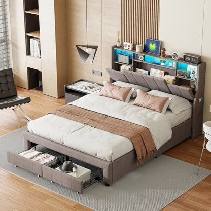 Upholstered Bed 160 x 200 cm, Bed Frame with LED Lights, USB Ports and Storage Headboard, Double Bed, Guest Bed, Teenager's Bed
