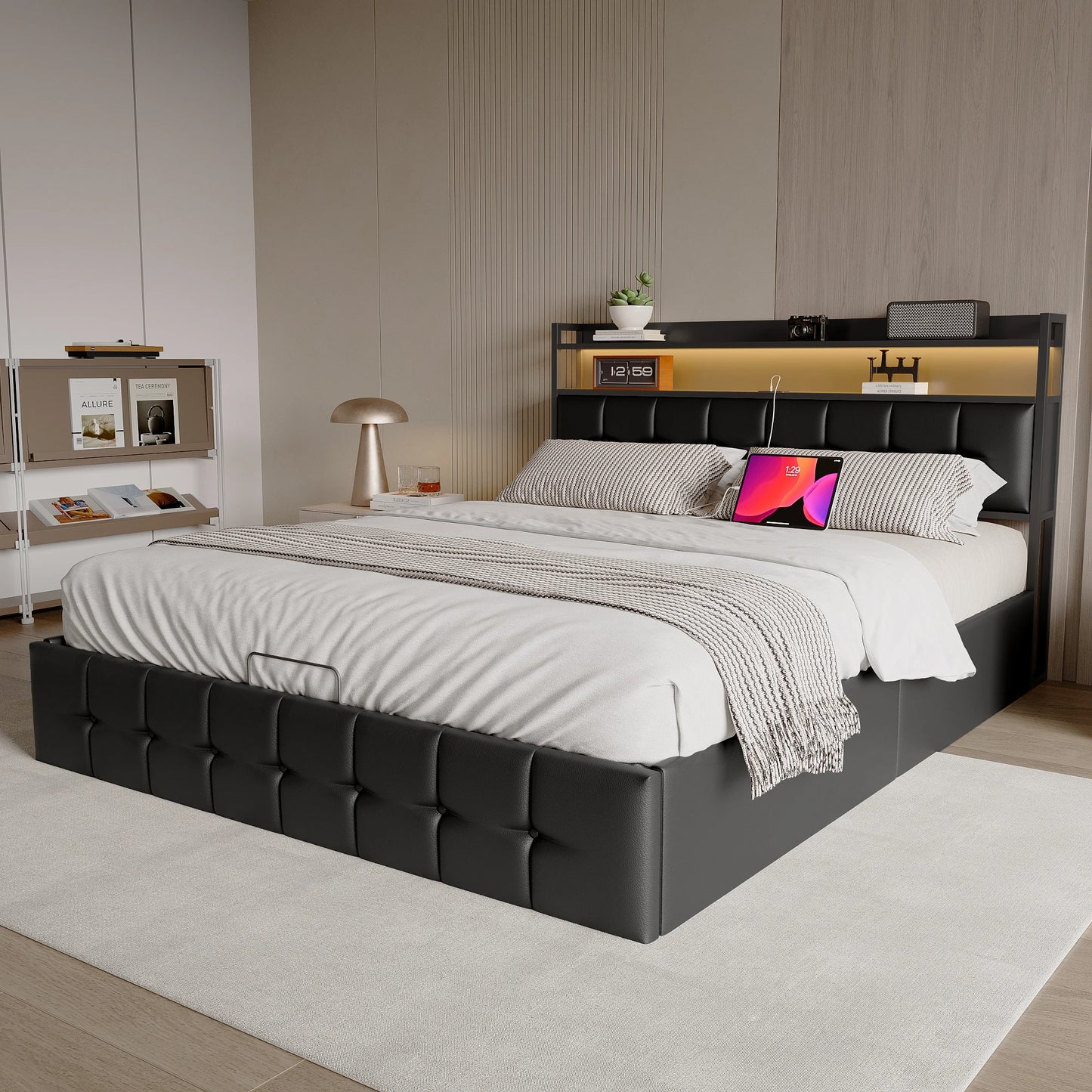 Rosahqnda Polsterbett 140x200 cm mit Lichtleiste, Stauraumbett mit Kopfteil, Doppelbett mit Lattenrost für 2 Personen,PU,Schwarz