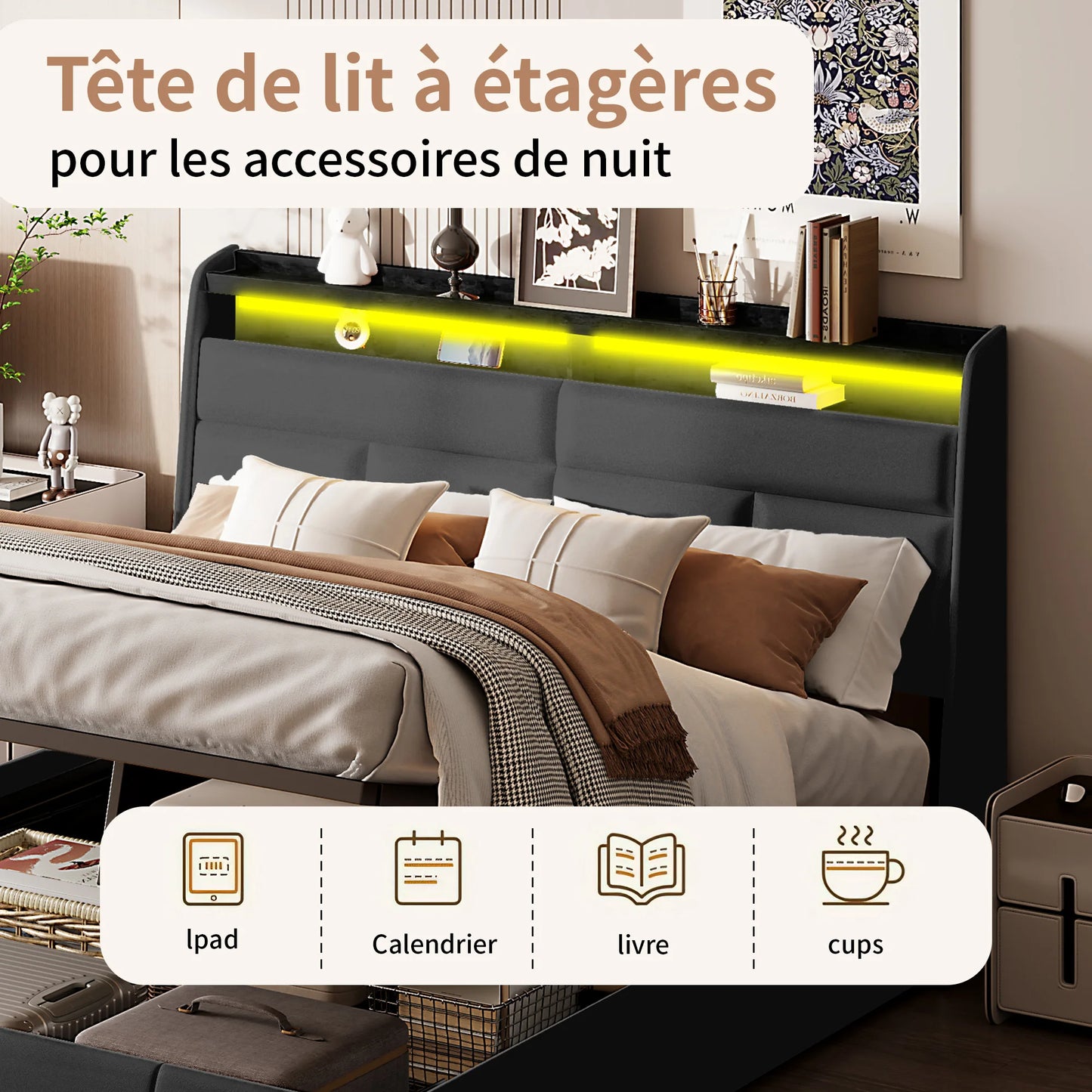 Rosahqnda gepolstertes Doppelbettsystem 140 x 200 cm, modernes Polsterbett, Kopfteil mit LED und USB-Ladestation, PU-Leder